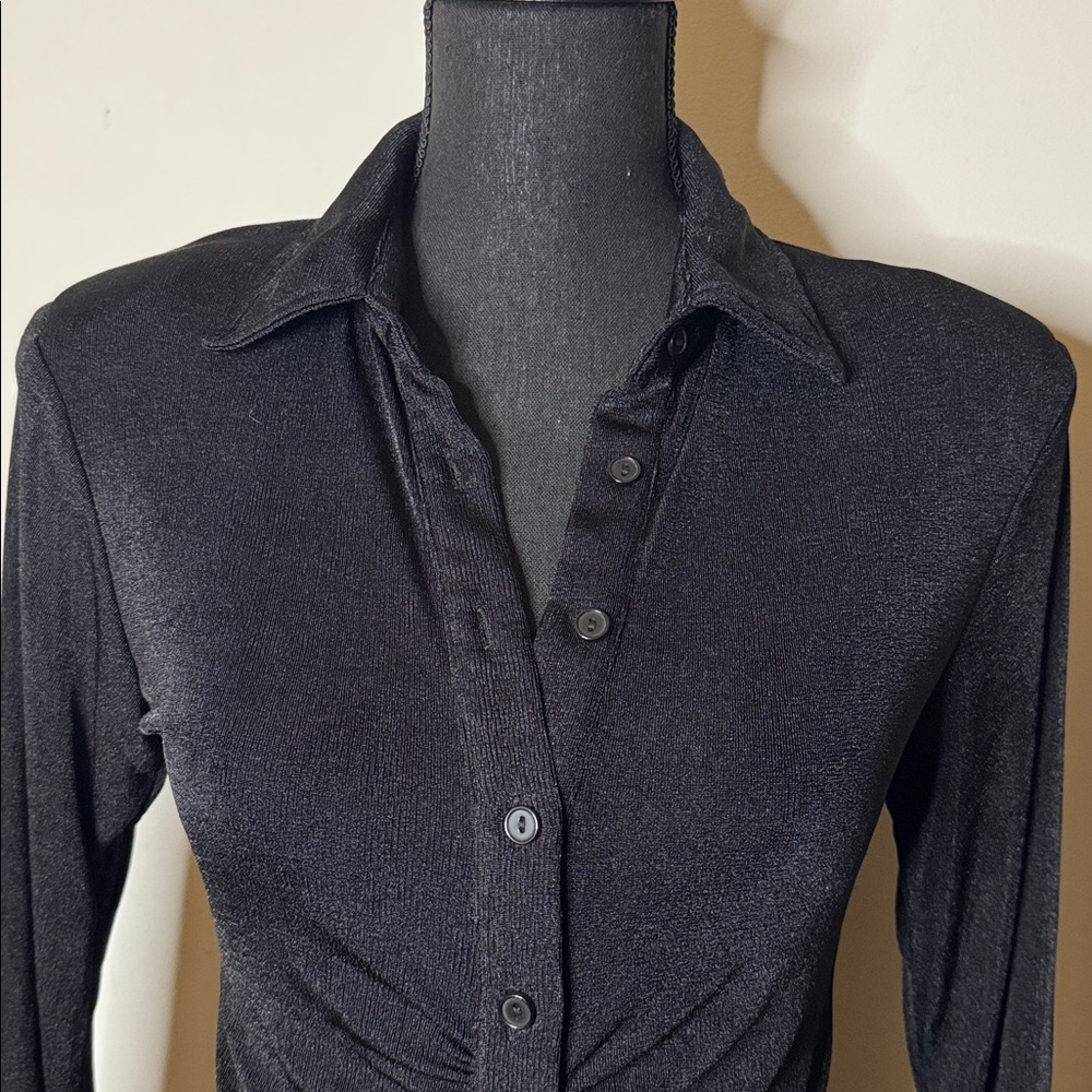 MABLE Black Ruched Button Down Shirt Dress Women’s M - Picture 4 of 7